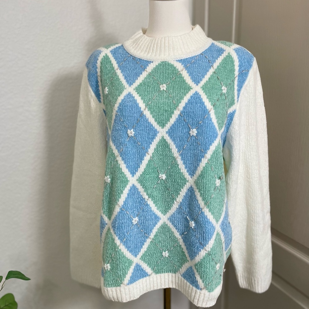 Alfred Dunner Blue and Green Diamond Sweater-Vintage
